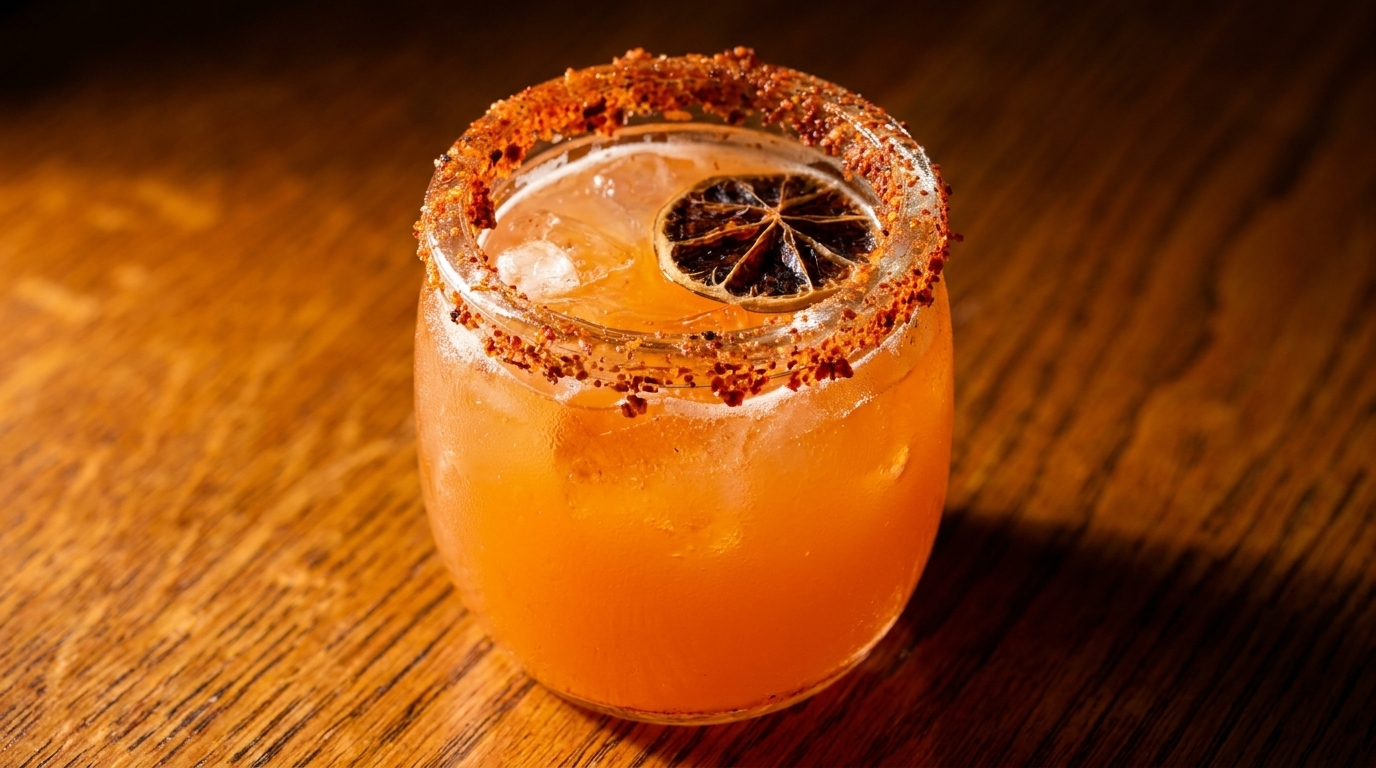 Orange cocktail with a chili-salt rim and a dried citrus slice on a wooden table.