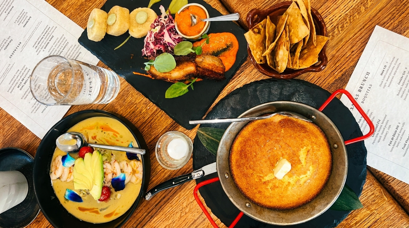 Overhead view of a wooden table laden with various dishes, drinks, and menus.