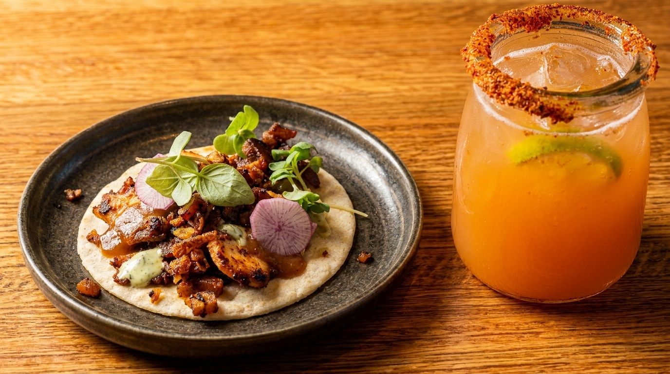 A delicious taco with meat, radish, and greens on a dark plate, next to a chili-rimmed cocktail.