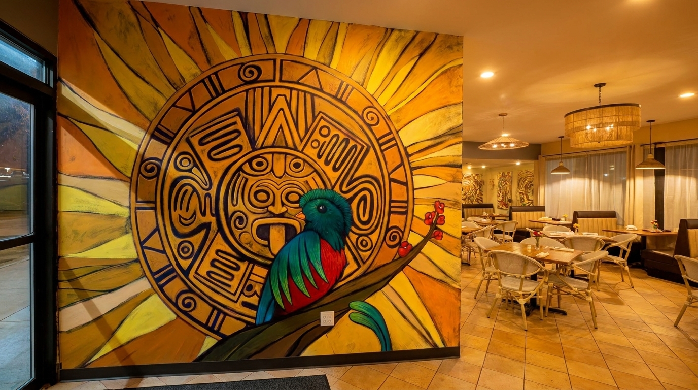Restaurant interior with a vibrant mural of a bird and sun, tables, chairs, and warm lighting.