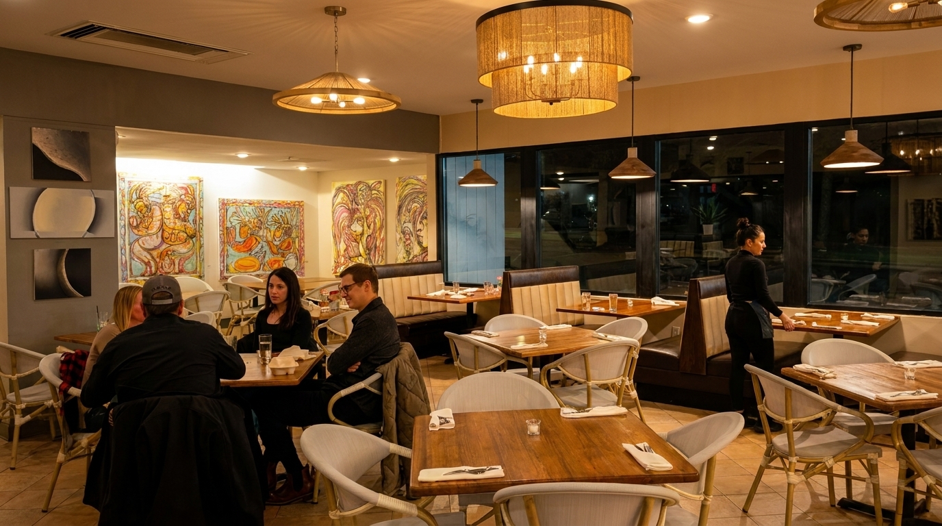 Restaurant interior with patrons dining, a server working, and colorful art on the walls.