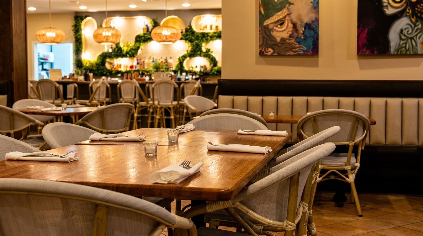 Restaurant dining room with wooden tables, wicker chairs, a bar, and colorful wall art.