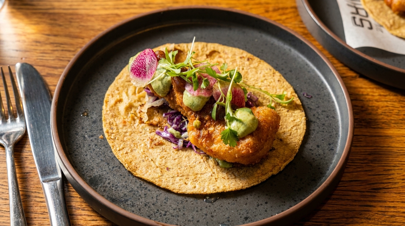 Crispy fish taco with purple cabbage, green sauce, and radish slices on a dark plate.