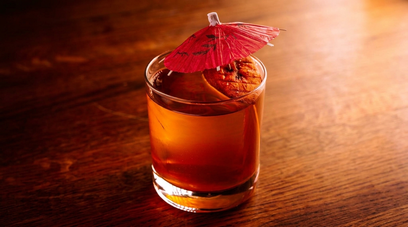 A cocktail with a red paper umbrella and an orange slice, on a wooden table.