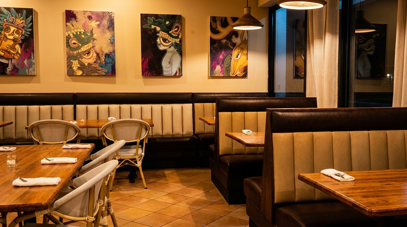 Restaurant interior with booths, tables, chairs, and colorful artwork on the light-colored walls.
