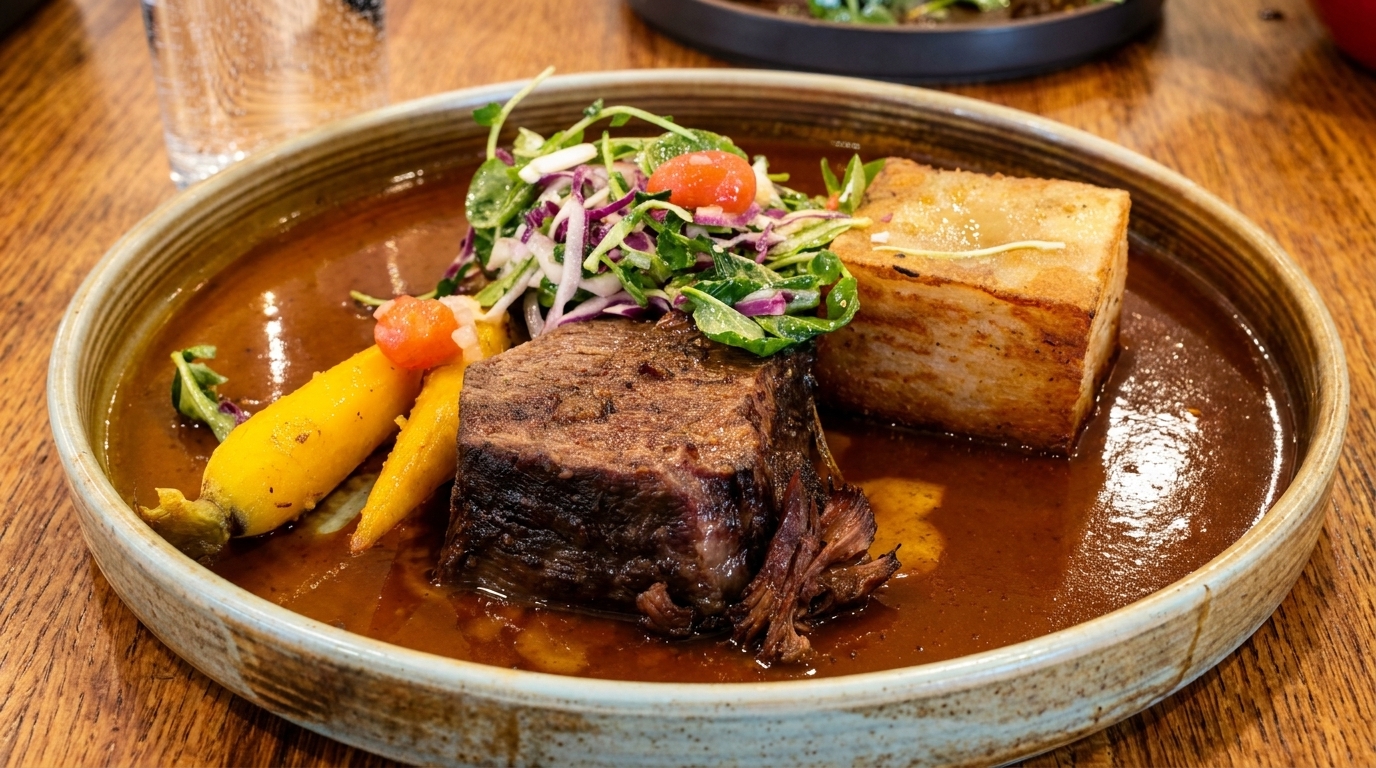 Braised short rib with baby carrots, potato gratin, and a fresh salad on a rustic plate.