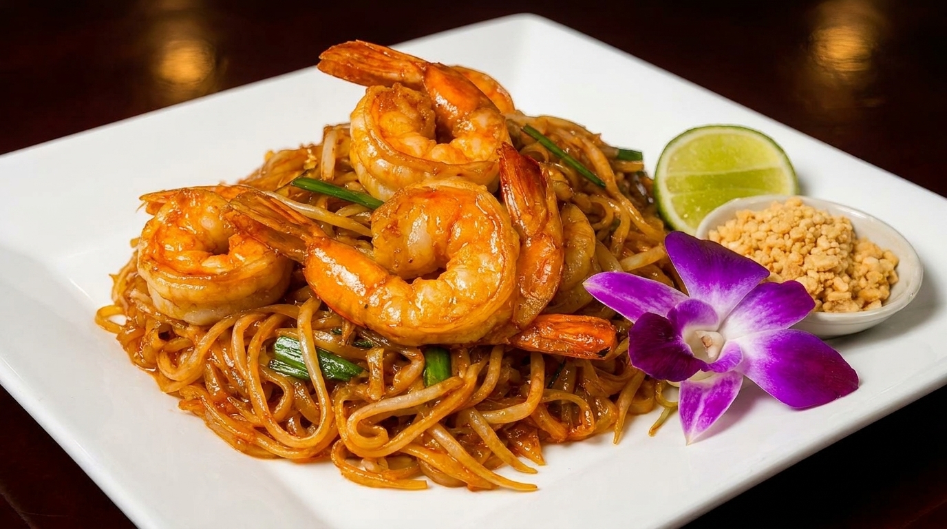 Shrimp Pad Thai with a lime wedge, crushed peanuts, and a purple orchid on a white plate.