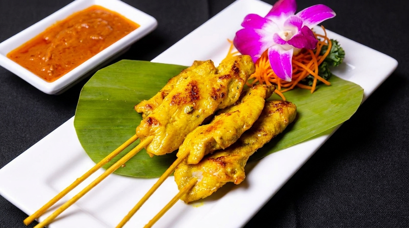 Chicken satay skewers on a banana leaf with peanut sauce and an orchid garnish.