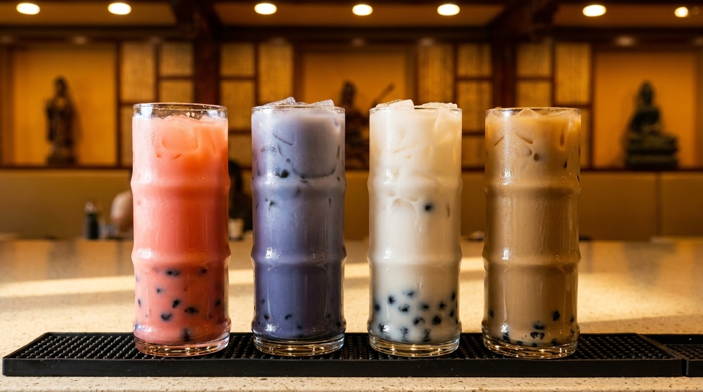 Four colorful bubble tea drinks in bamboo-shaped glasses on a bar counter.
