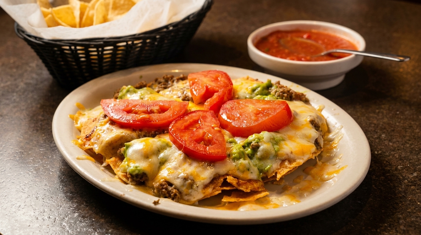 Loaded nachos with melted cheese, ground beef, guacamole, and tomato slices, with chips and salsa.