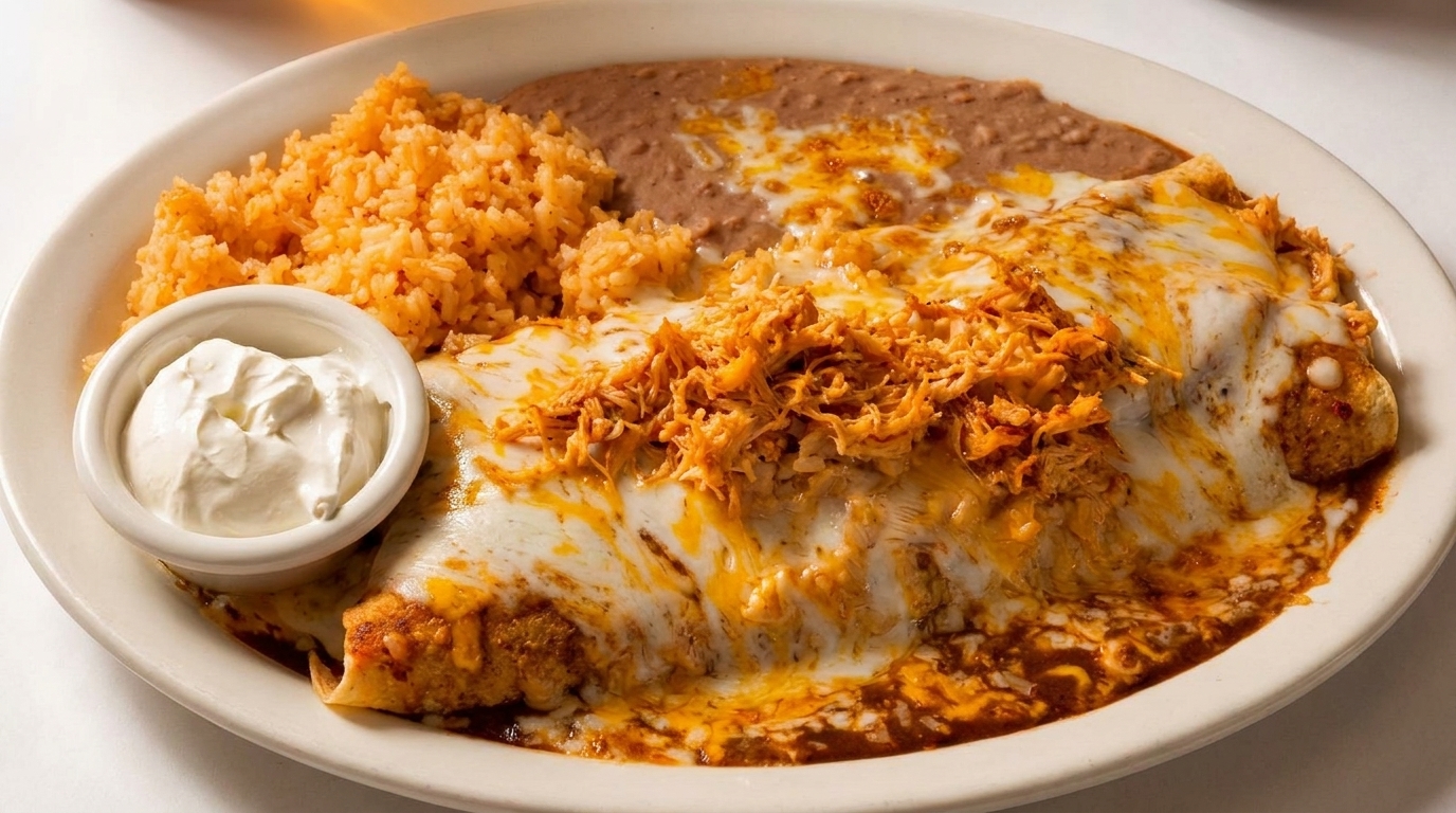 Chicken enchiladas with melted cheese, rice, refried beans, and a side of sour cream.