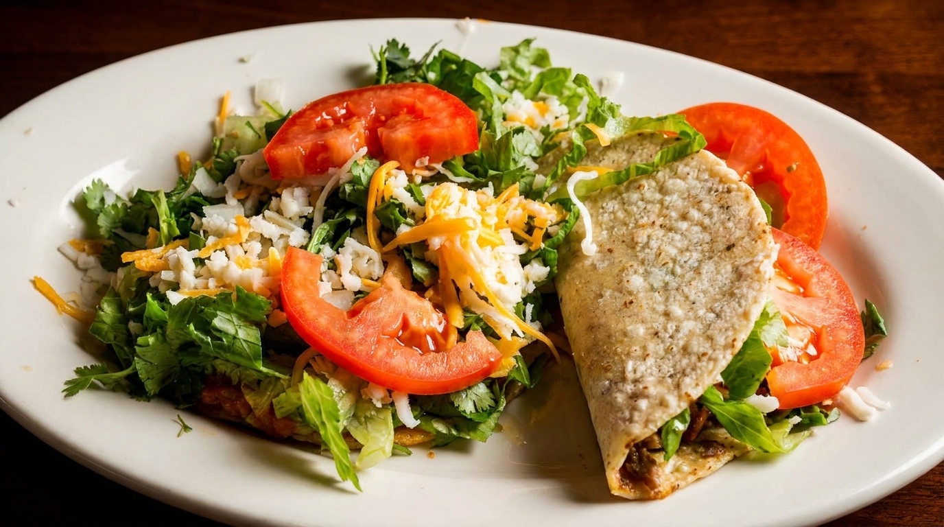 A plate of two tacos with shredded lettuce, cheese, and tomato slices.