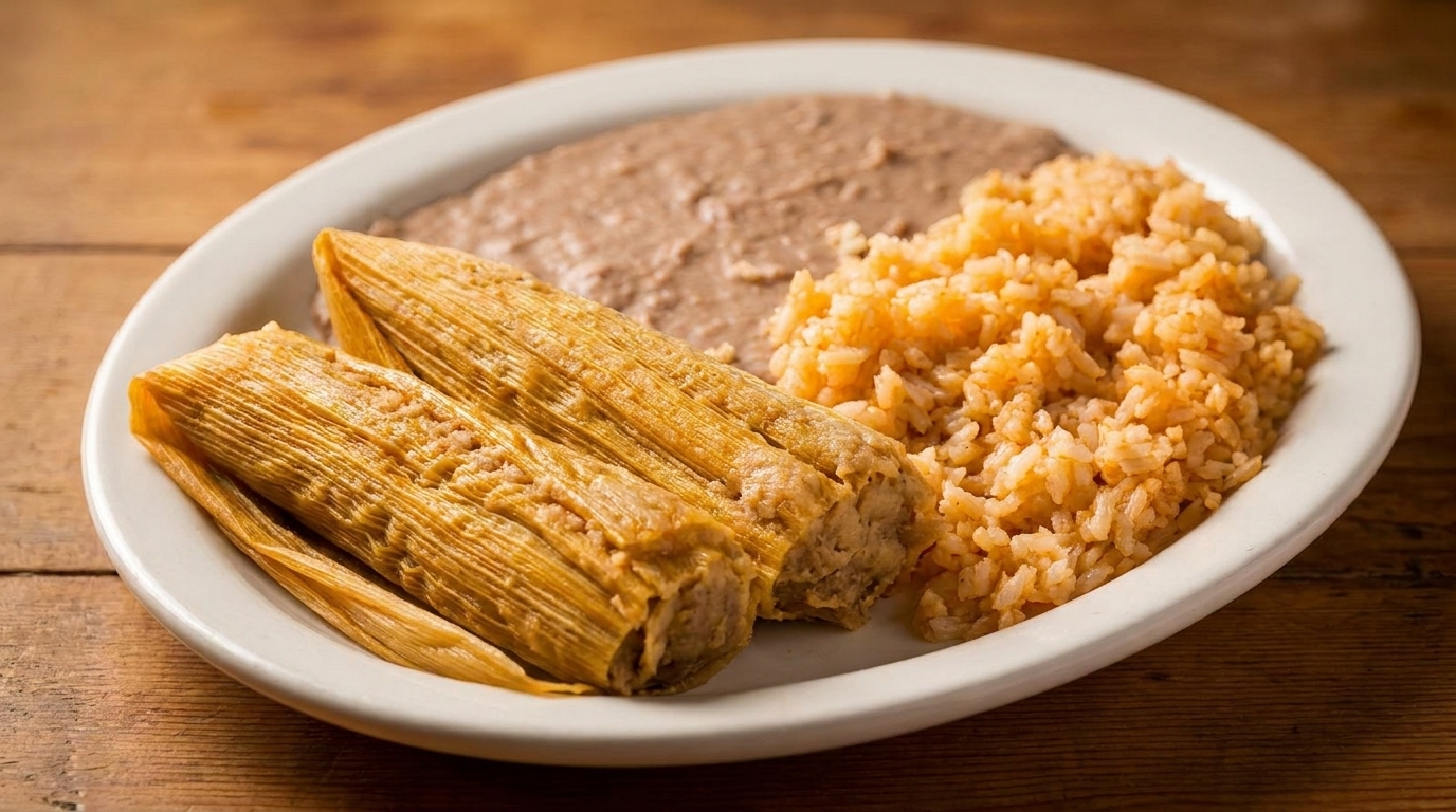 Two tamales with refried beans and Spanish rice on a white oval plate.