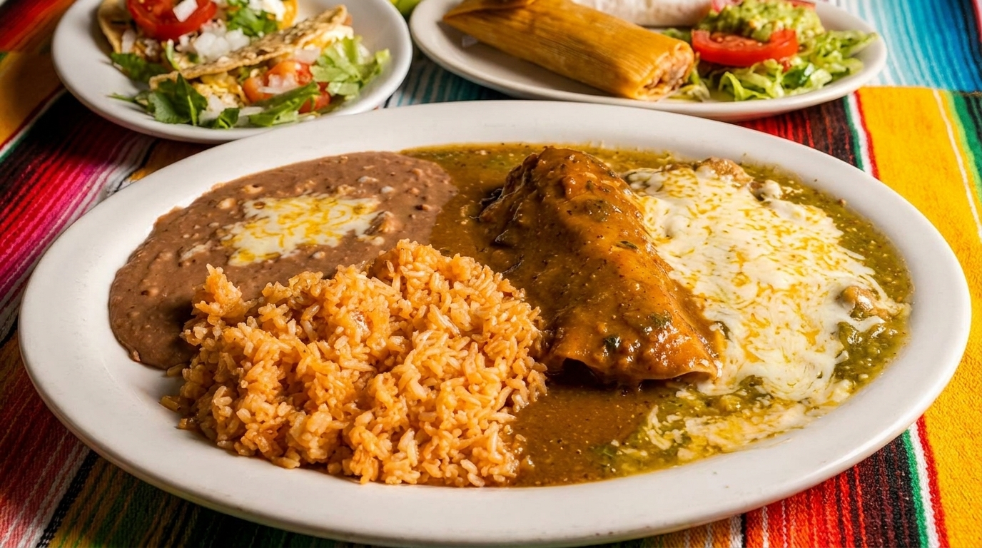 A Mexican combination plate with enchiladas, rice, and refried beans, with tacos and a tamale in the background.