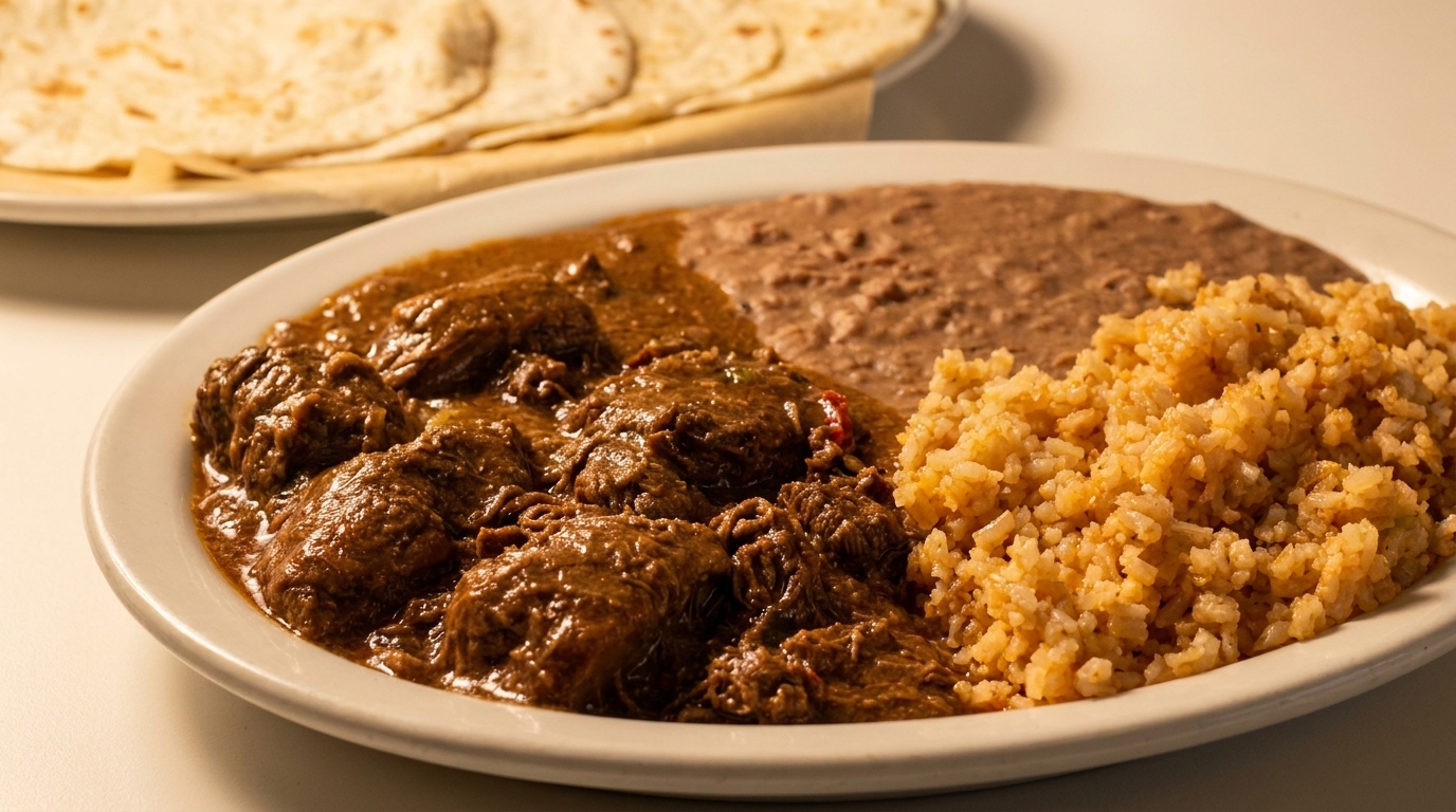 A plate of beef stew, refried beans, and rice, with tortillas in the background.