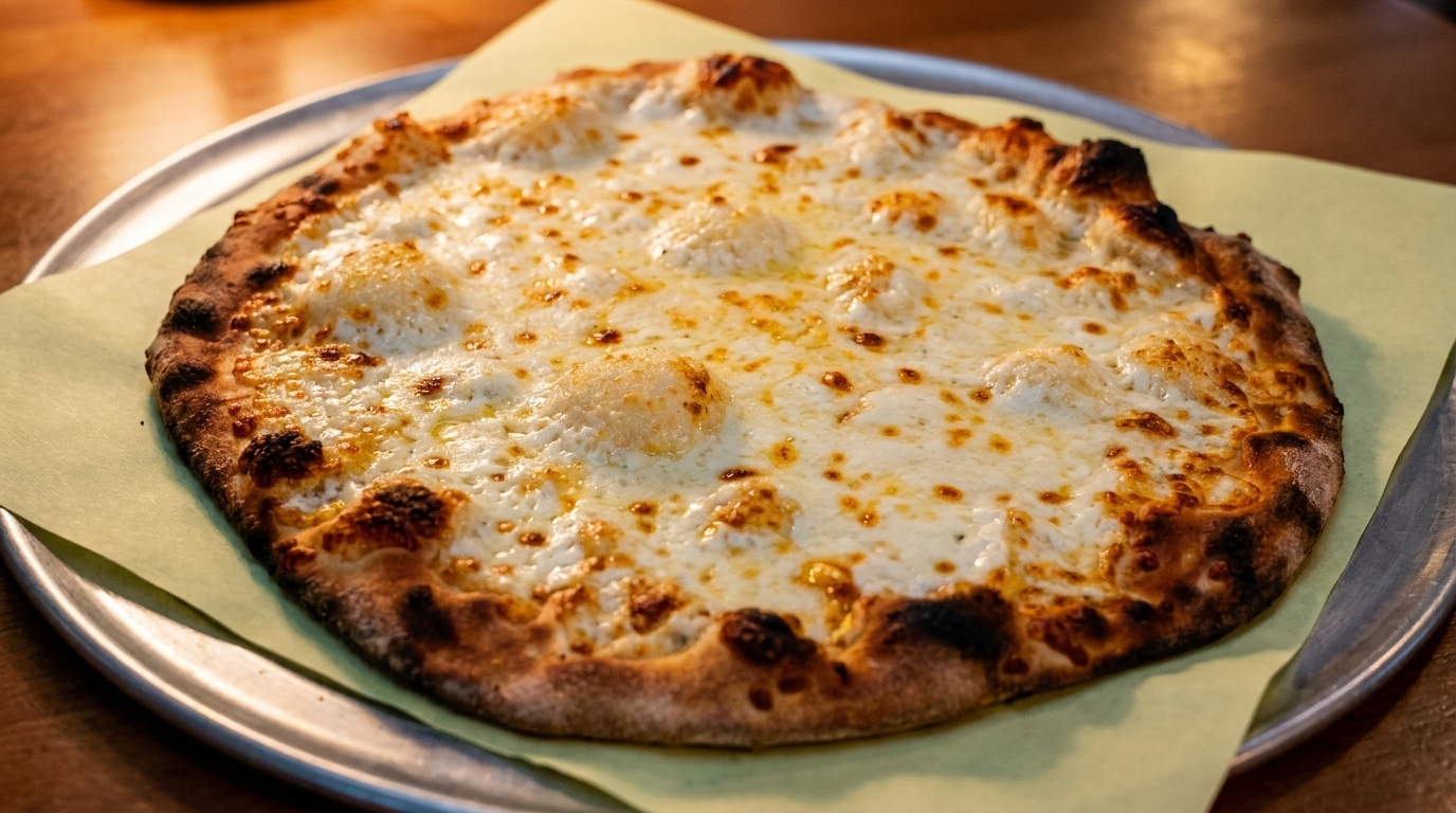 A freshly baked cheese pizza with a bubbly, golden-brown crust on a metal tray.