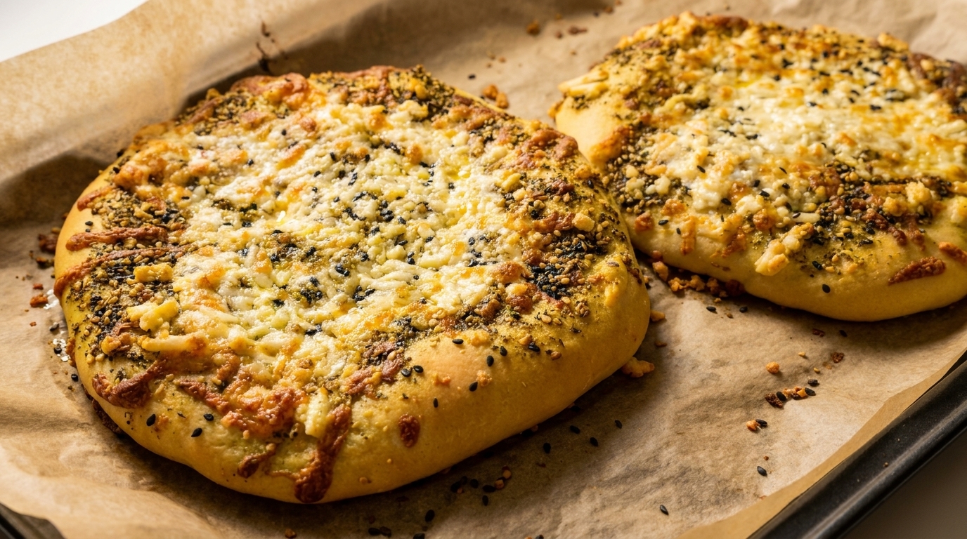 Two freshly baked flatbreads topped with melted cheese, za'atar, and sesame seeds on parchment paper.