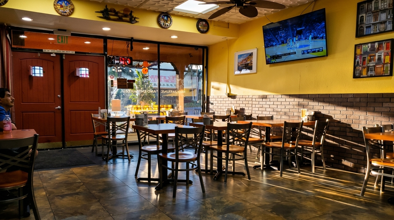 Restaurant interior with wooden tables and chairs, yellow walls, brick accents, and a TV showing basketball.