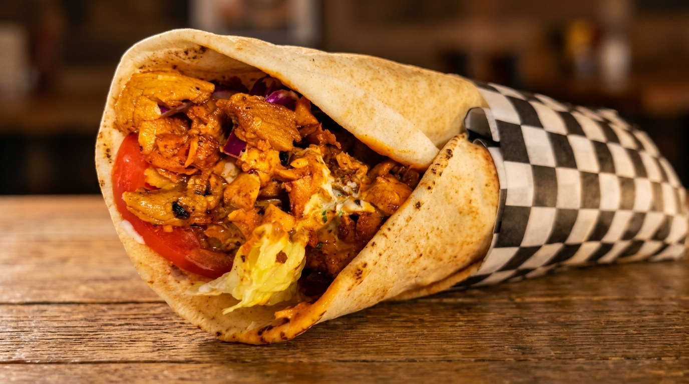 Chicken shawarma wrap with tomatoes, lettuce, and red onion, partially wrapped in checkered paper.
