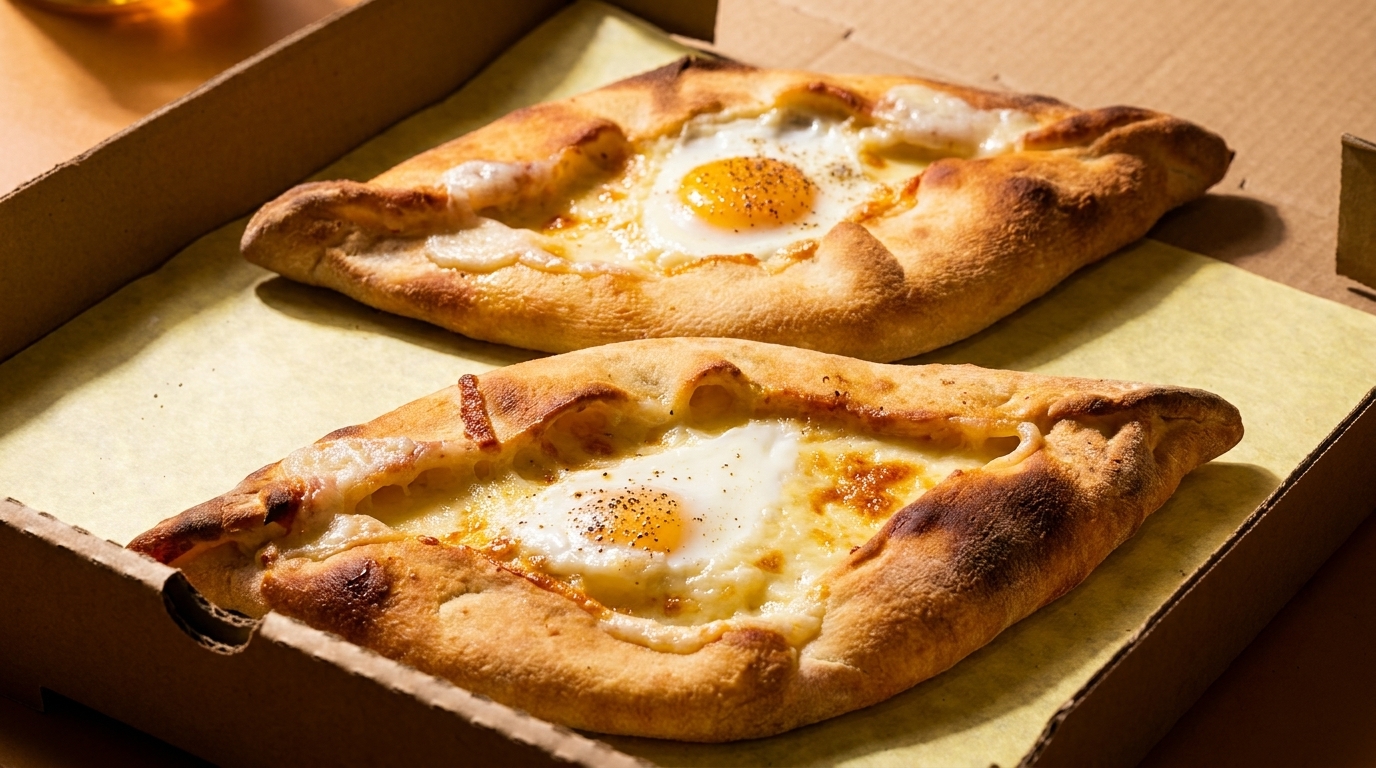 Two boat-shaped khachapuri, filled with melted cheese and a sunny-side-up egg, in a takeout box.