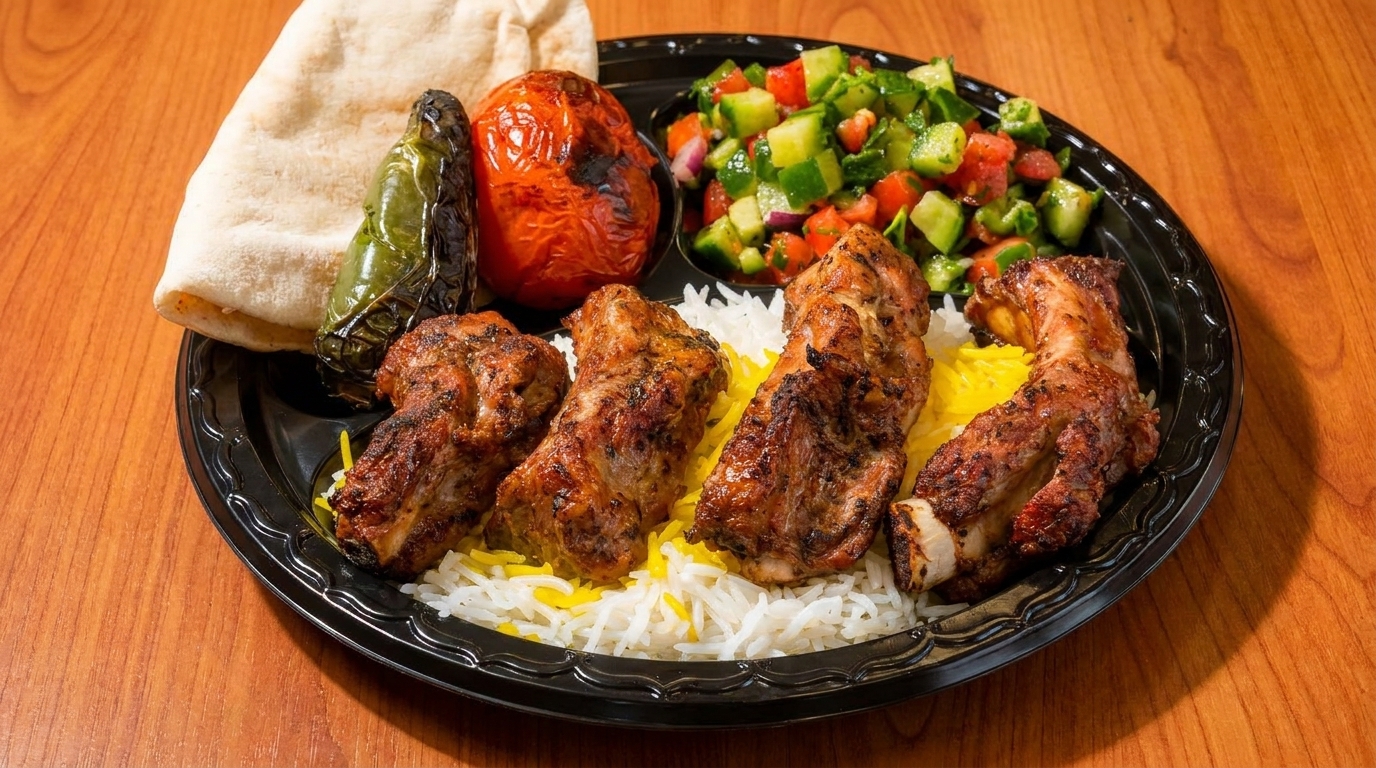 Grilled chicken ribs with rice, salad, pita bread, and roasted vegetables on a black plate.