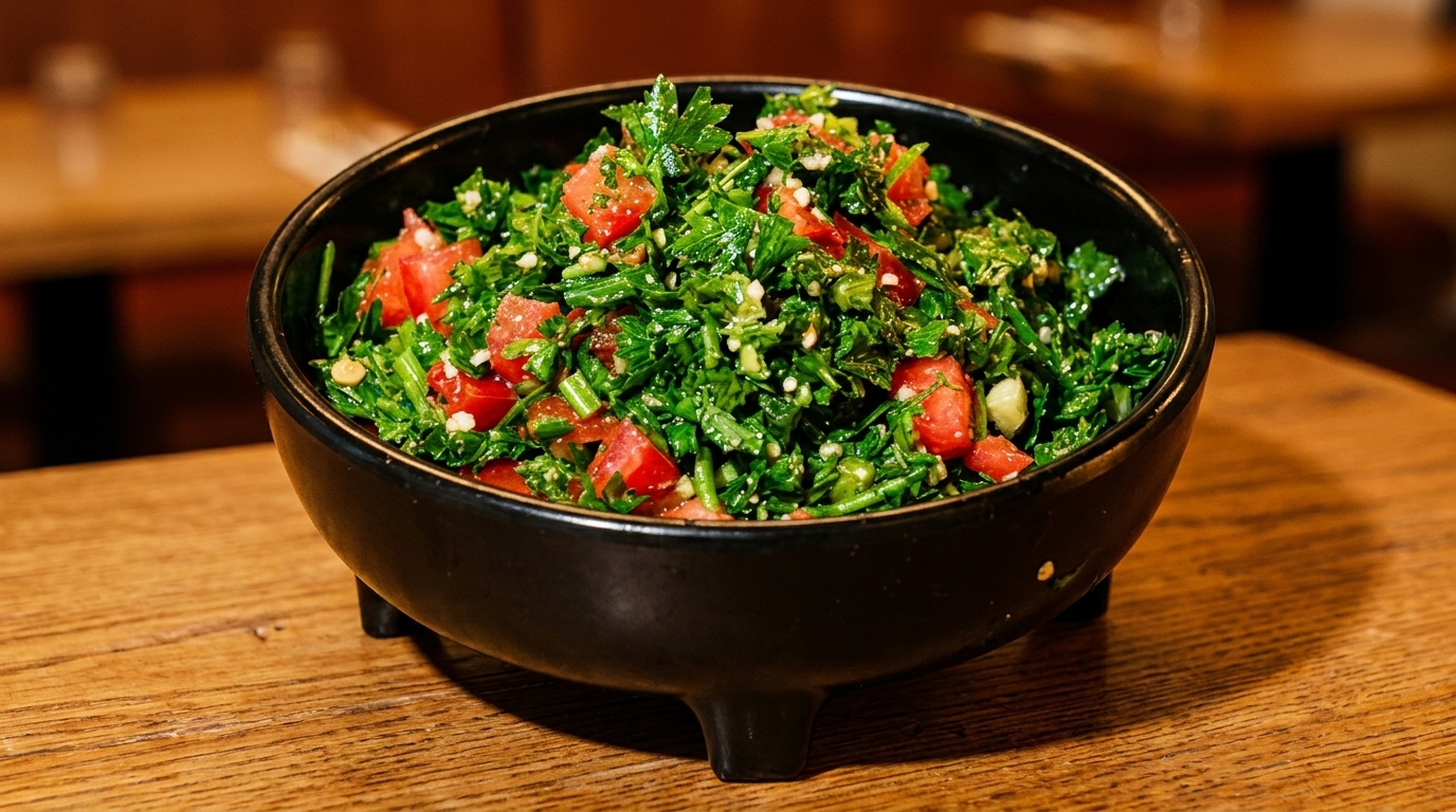 A black bowl filled with vibrant green tabbouleh salad, featuring chopped parsley and diced tomatoes.