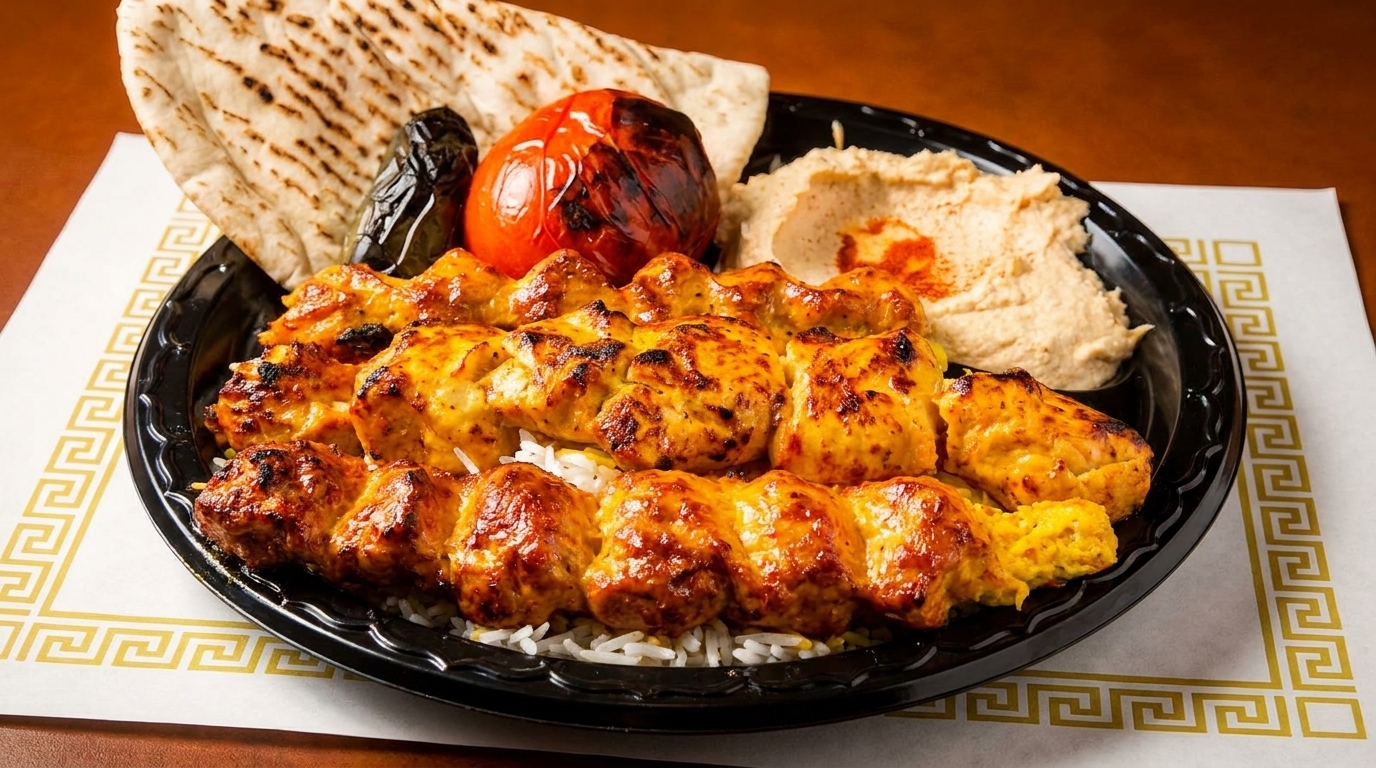 Chicken shish tawook skewers with rice, hummus, grilled tomato, pepper, and pita bread.