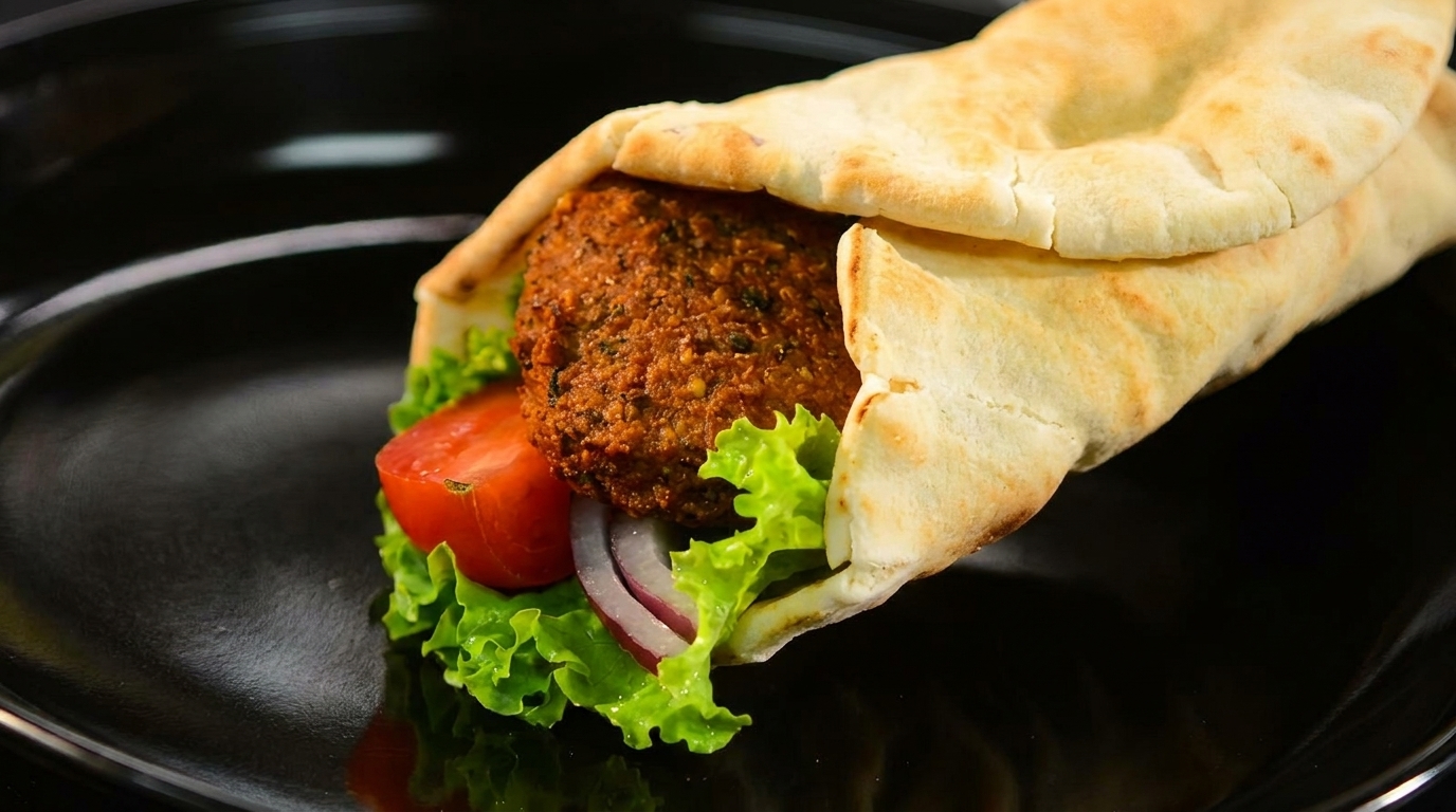 A falafel wrap with lettuce, tomato, and red onion on a black plate.