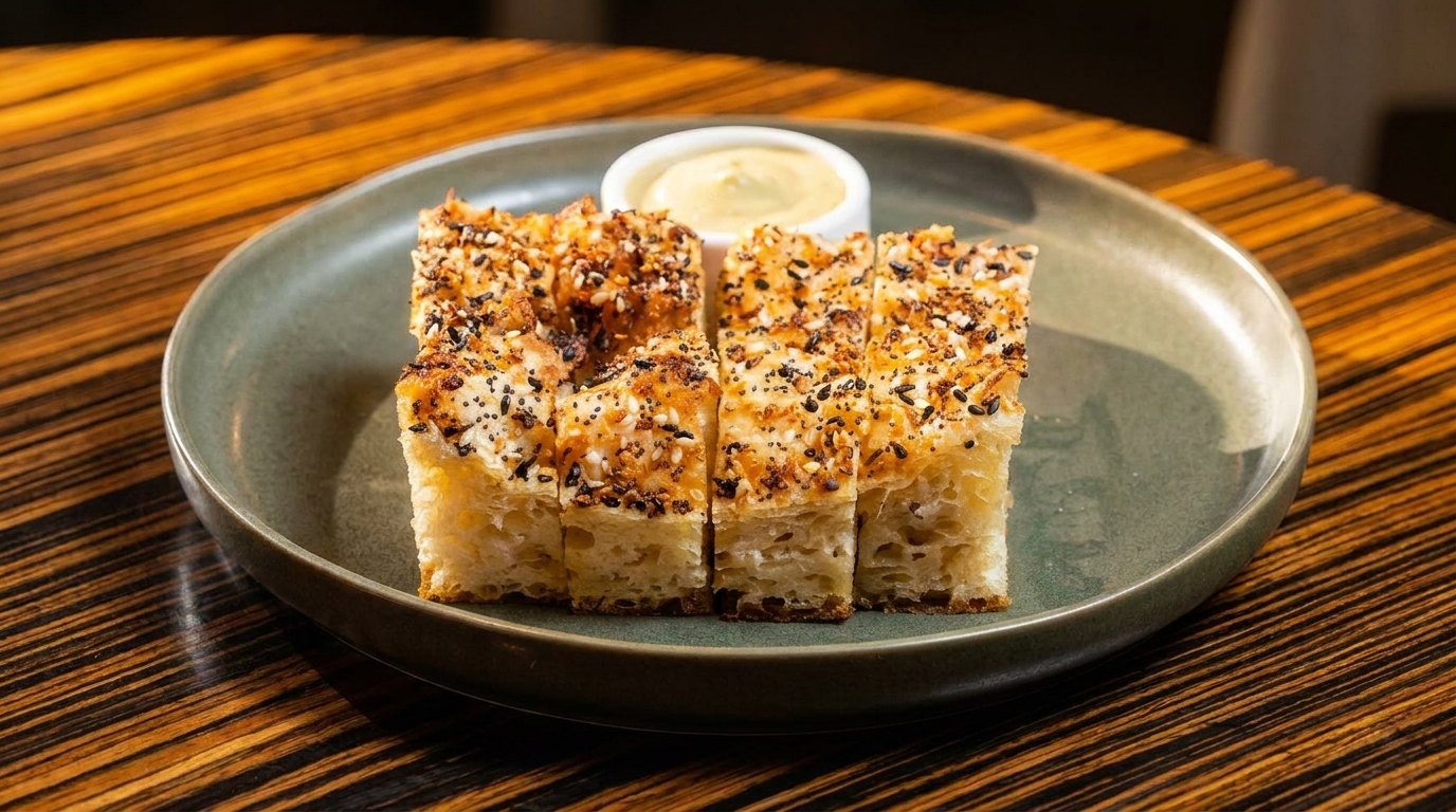 Focaccia bread sticks topped with everything bagel seasoning and a side of dipping sauce.