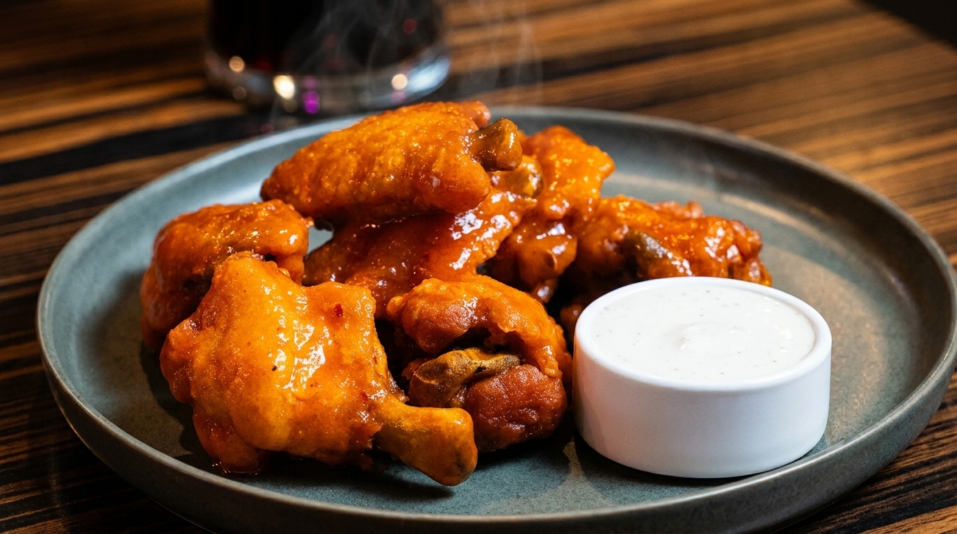 Steaming hot buffalo wings with ranch dressing on a dark plate, with a drink in the background.