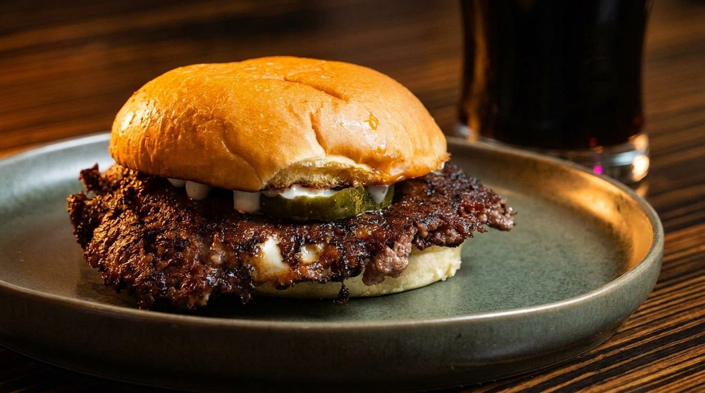 A smash burger with pickles and white sauce on a green plate with a dark drink in the background.