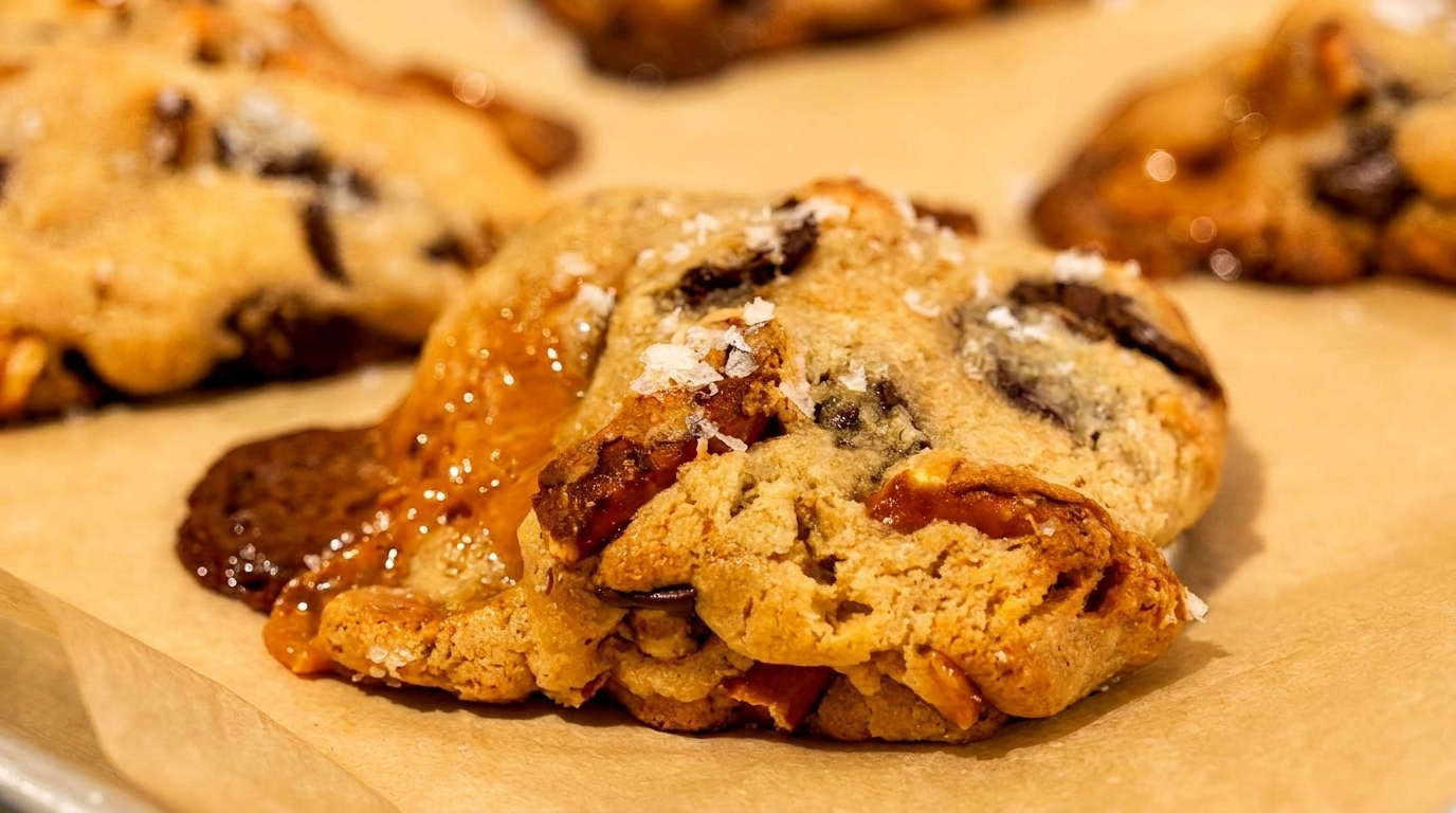 Close-up of a warm, gooey chocolate chip cookie with melted caramel and sea salt.