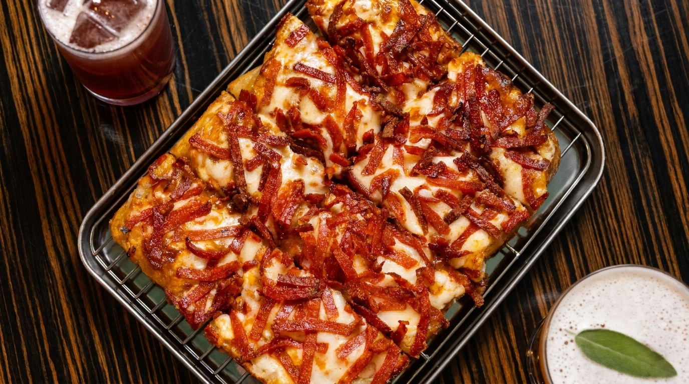Square Detroit-style pizza with crispy pepperoni and melted cheese, served with two drinks.