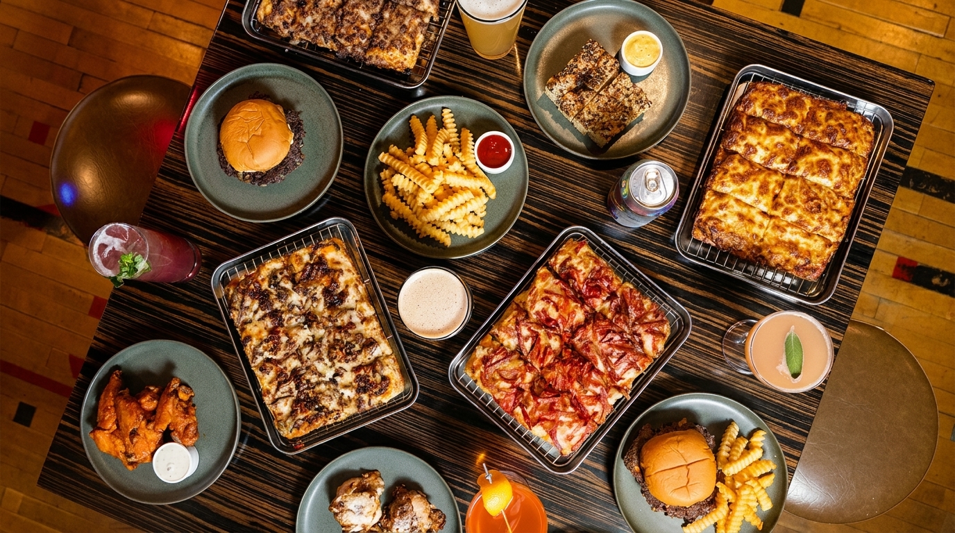 Overhead view of a dark wooden table laden with pizzas, burgers, fries, chicken wings, and cocktails.