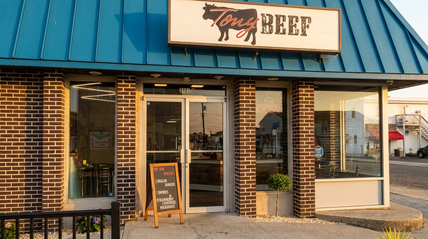 Exterior of Tony Beef restaurant with a blue roof, brick facade, and an "OPEN" sign in the window.