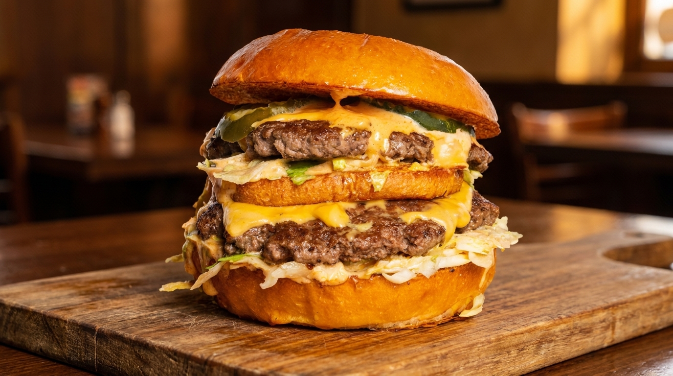 A towering triple-patty cheeseburger with melted cheese, jalapeños, and sauce on a wooden board.