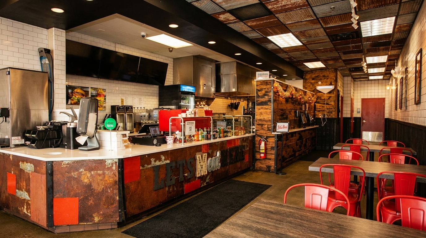 Interior of a casual restaurant with a rustic counter, red chairs, and corrugated metal ceiling.
