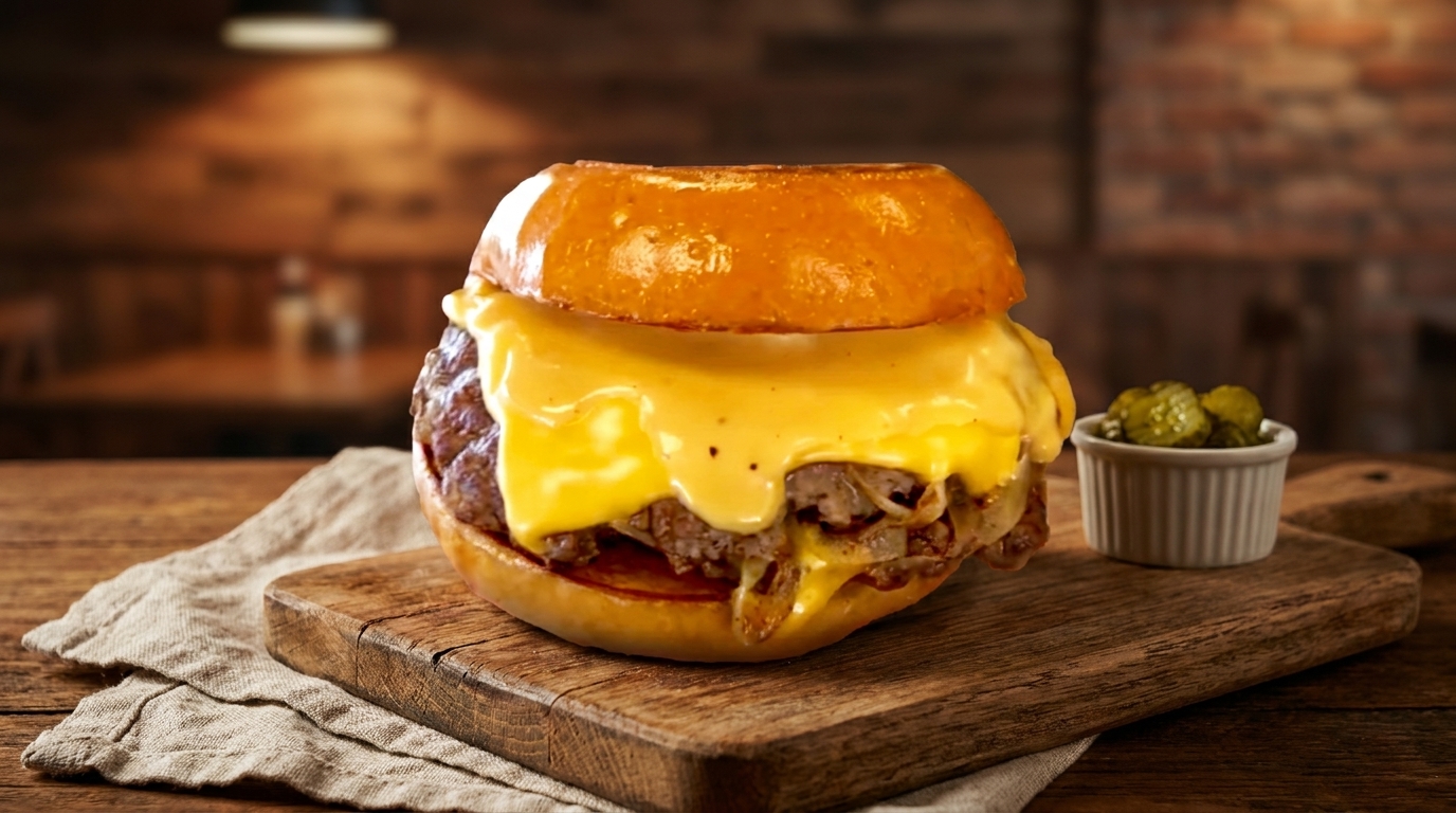 A juicy cheeseburger with melted yellow cheese and caramelized onions, served with pickles on a wooden board.