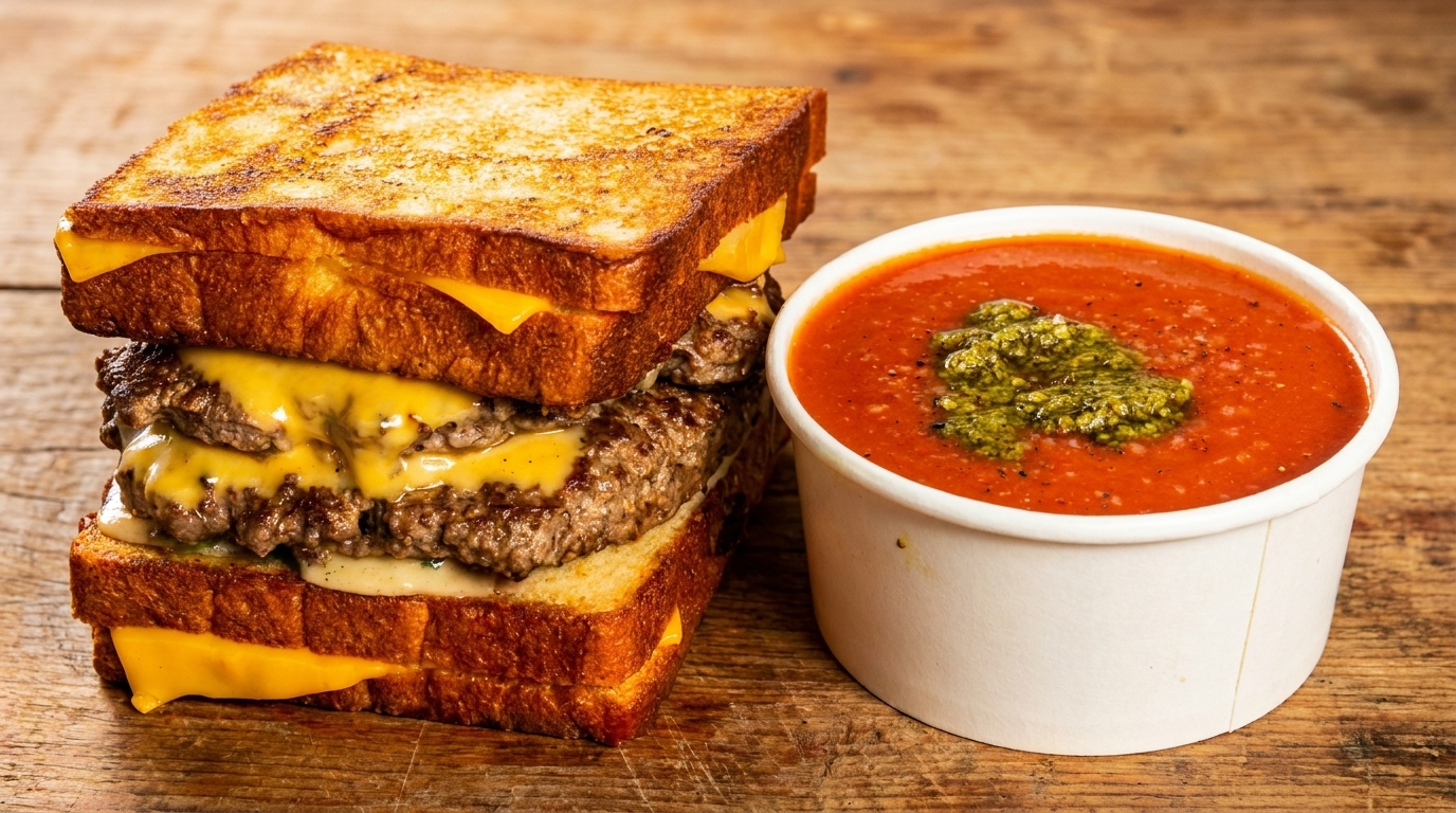 Grilled cheese burger with melted cheese and a side of tomato soup with pesto on a wooden table.