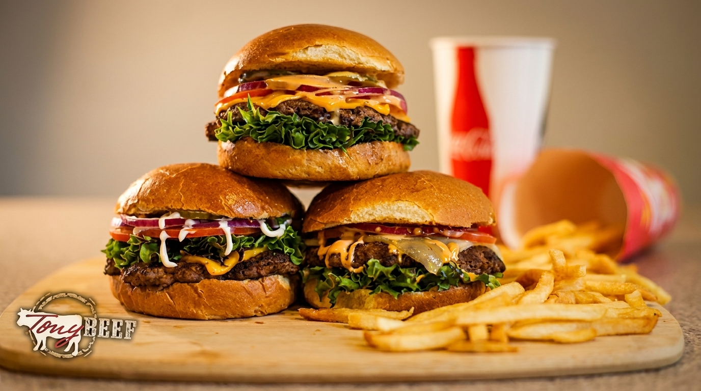Three Tony Beef burgers with fries and a soda on a wooden board.