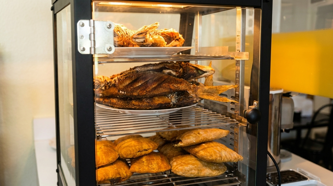 A food warmer displays whole fried fish on top shelves and golden pastries below.