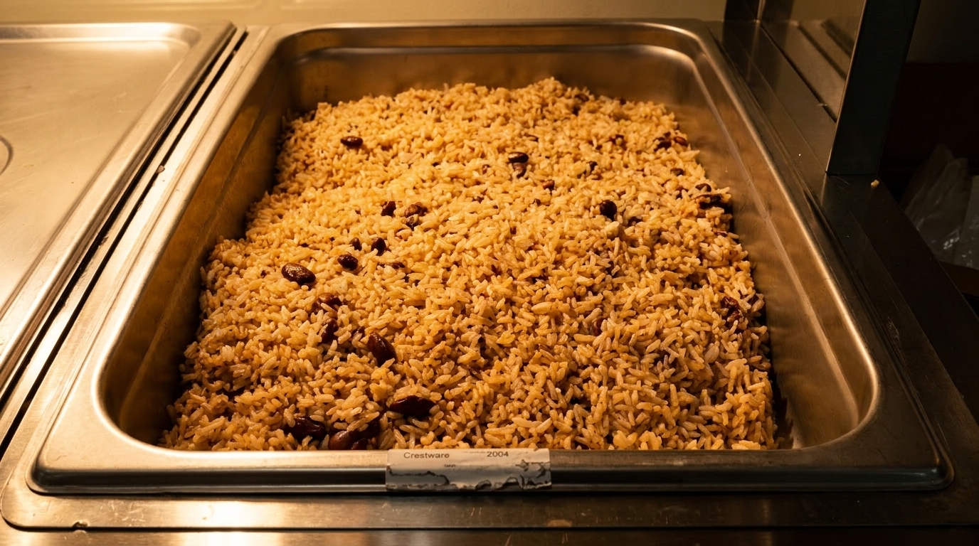 A large metal buffet pan filled with golden brown rice and dark red beans.