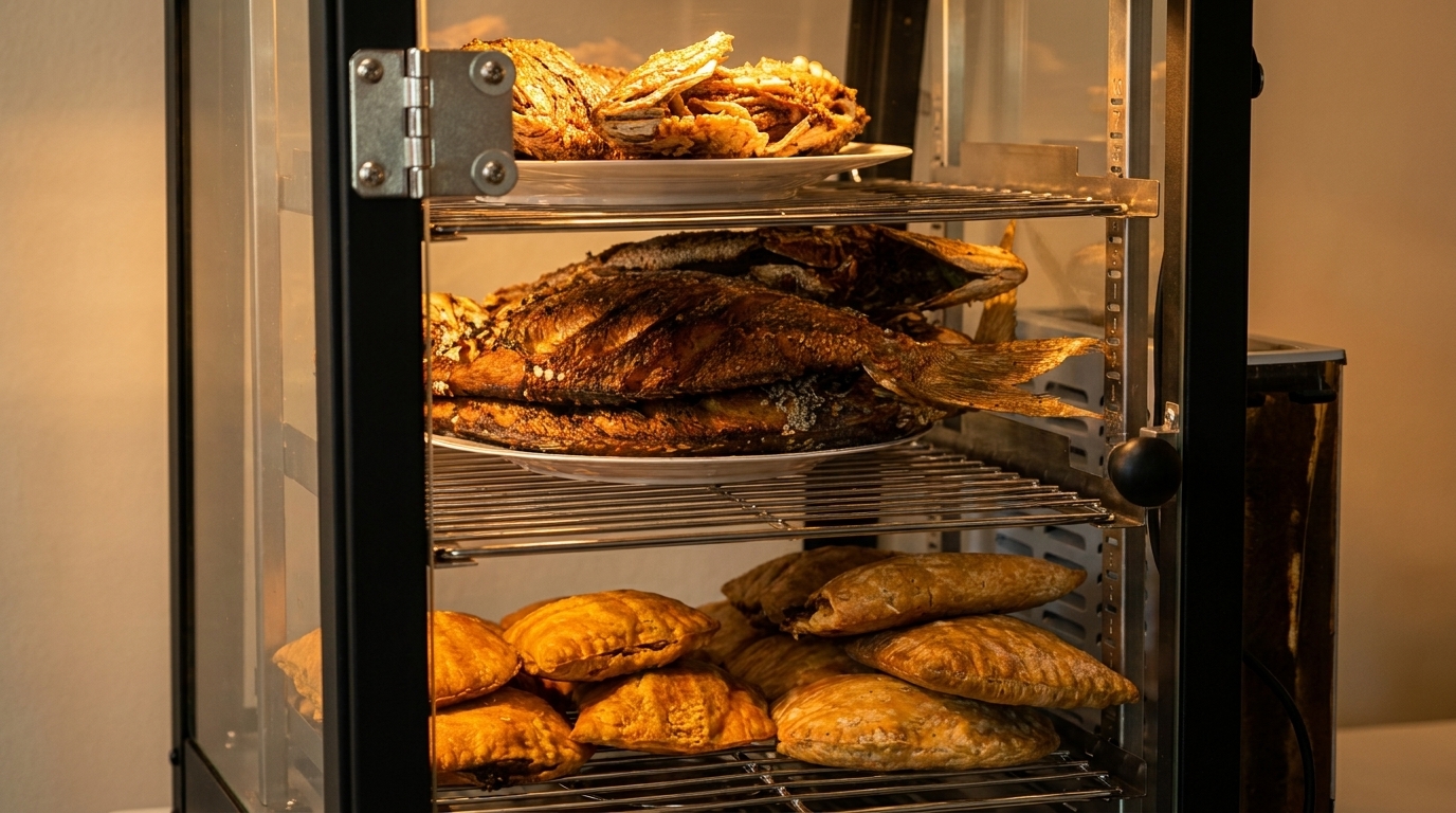 Fried fish and pastries displayed on shelves inside a heated glass food warmer.