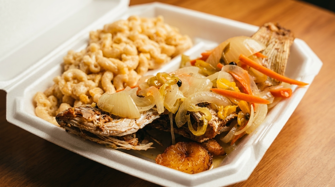 Fried fish topped with onions and peppers, served with macaroni and cheese and plantains.