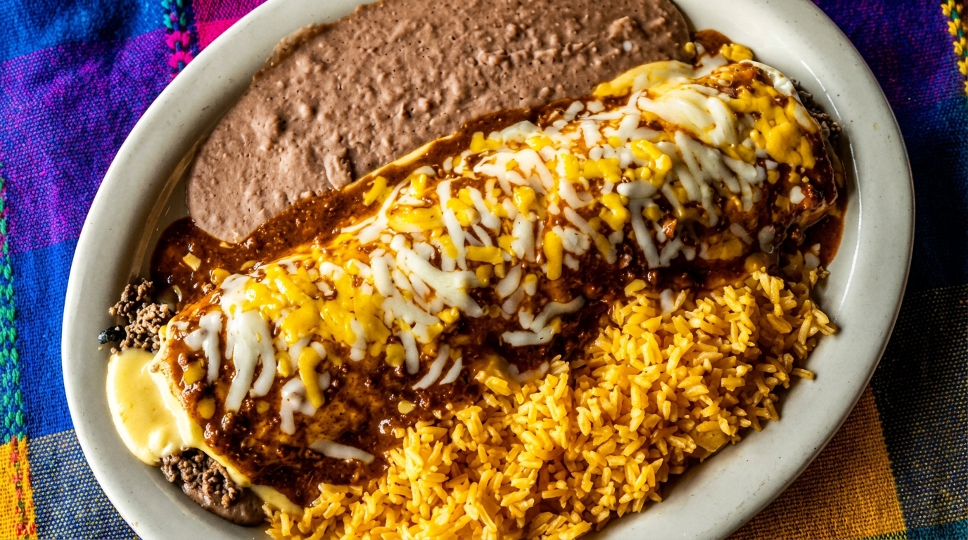 A large burrito covered in cheese and sauce, with rice and refried beans on a white plate.
