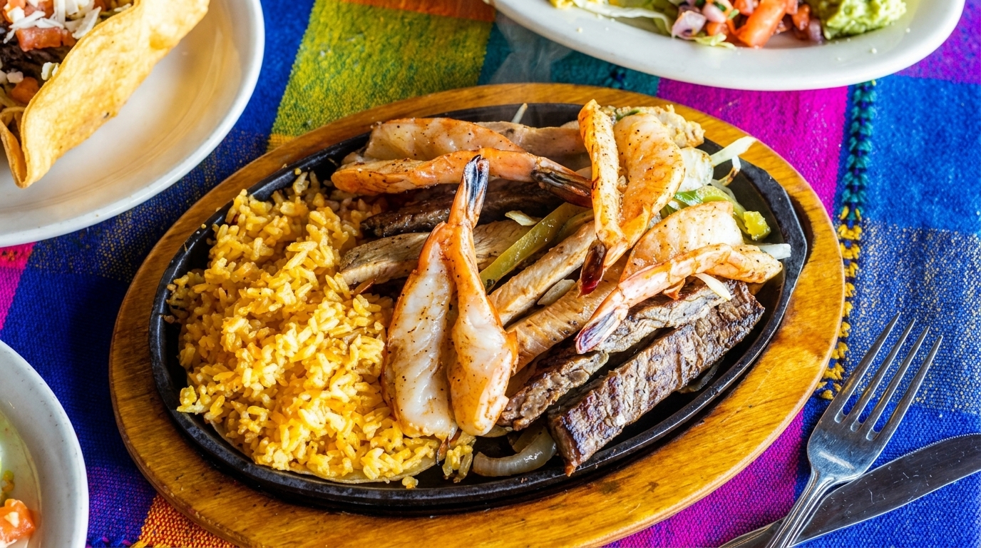 Sizzling fajitas with shrimp, steak, chicken, and rice on a colorful Mexican blanket.