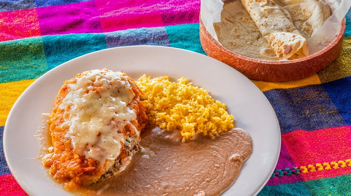 A cheesy chile relleno with rice and refried beans, alongside a basket of tortillas.