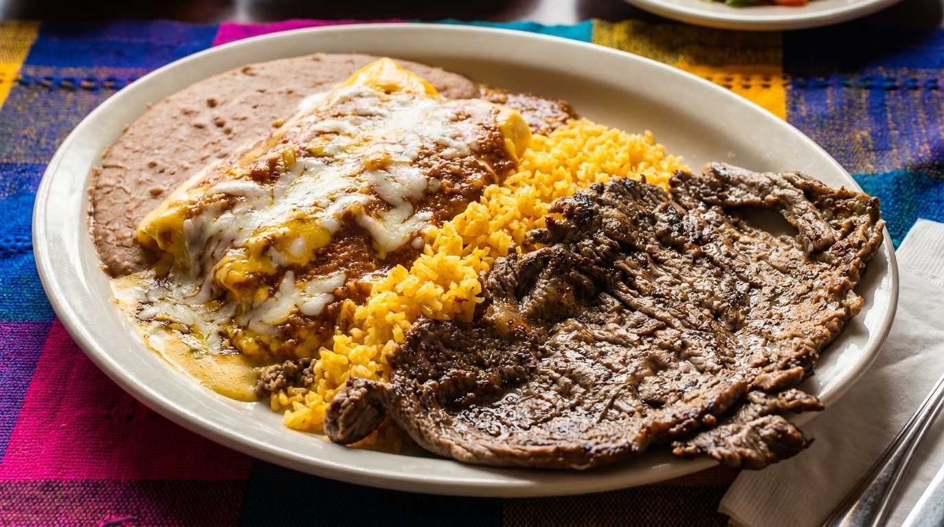 A plate of Mexican food with enchiladas, refried beans, yellow rice, and grilled steak.