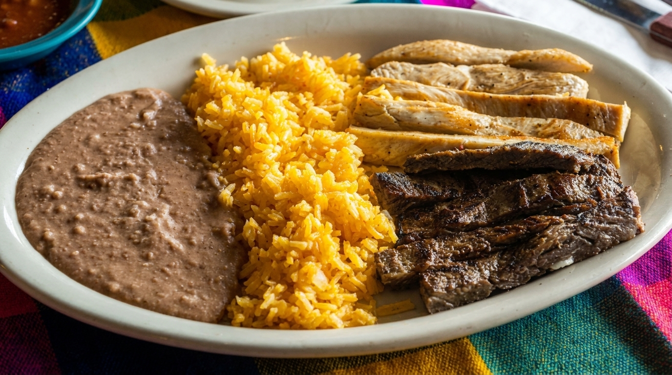 A plate of Mexican food with refried beans, yellow rice, grilled chicken, and steak.
