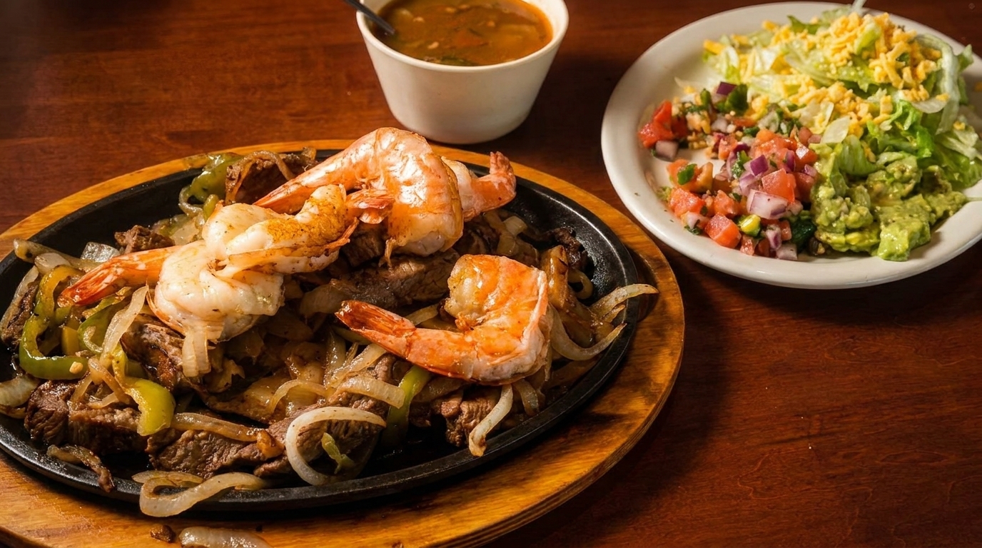 Sizzling fajitas with shrimp, steak, onions, and peppers, served with a side salad and soup.